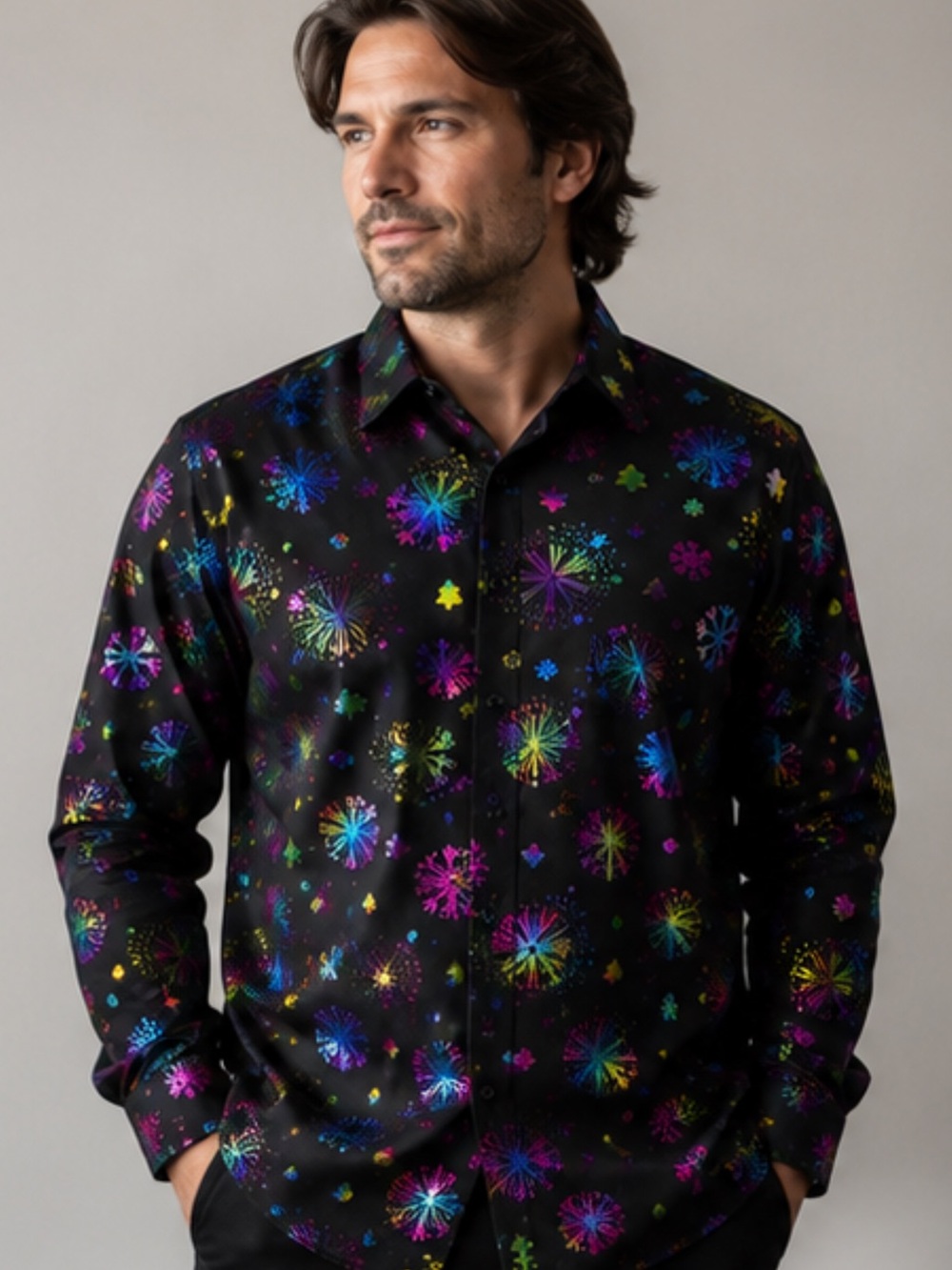 DiBanGu XL Black Rainbow Metallic Foil Holiday Button Up Shirt Christmas Snowfla
